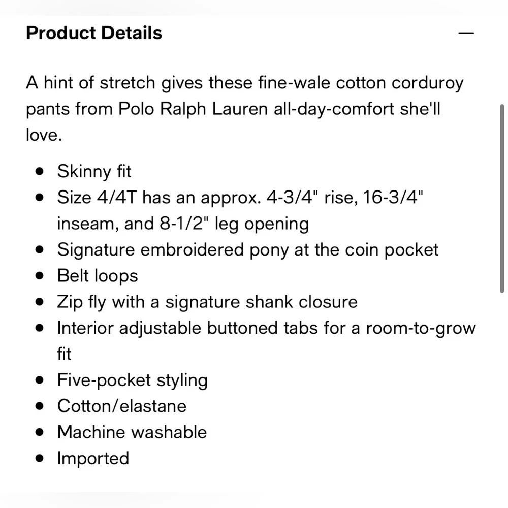RALPH LAUREN Corduroy Pants Toddler Girls